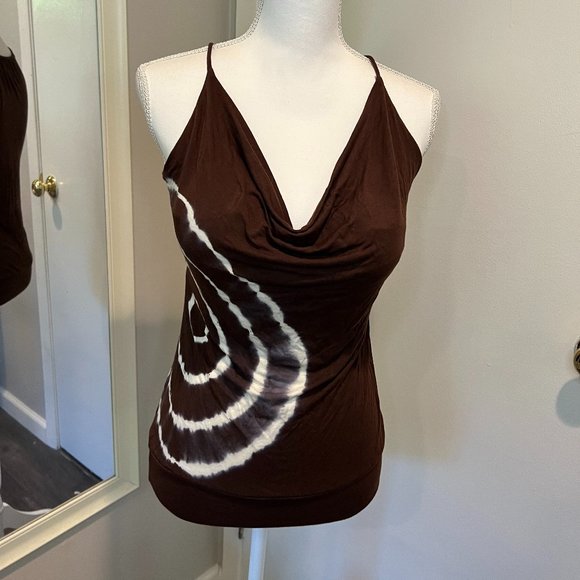 Mai Tai Tops - Mai Tai Brown with tie dye design draped neck halter top, Size Small
